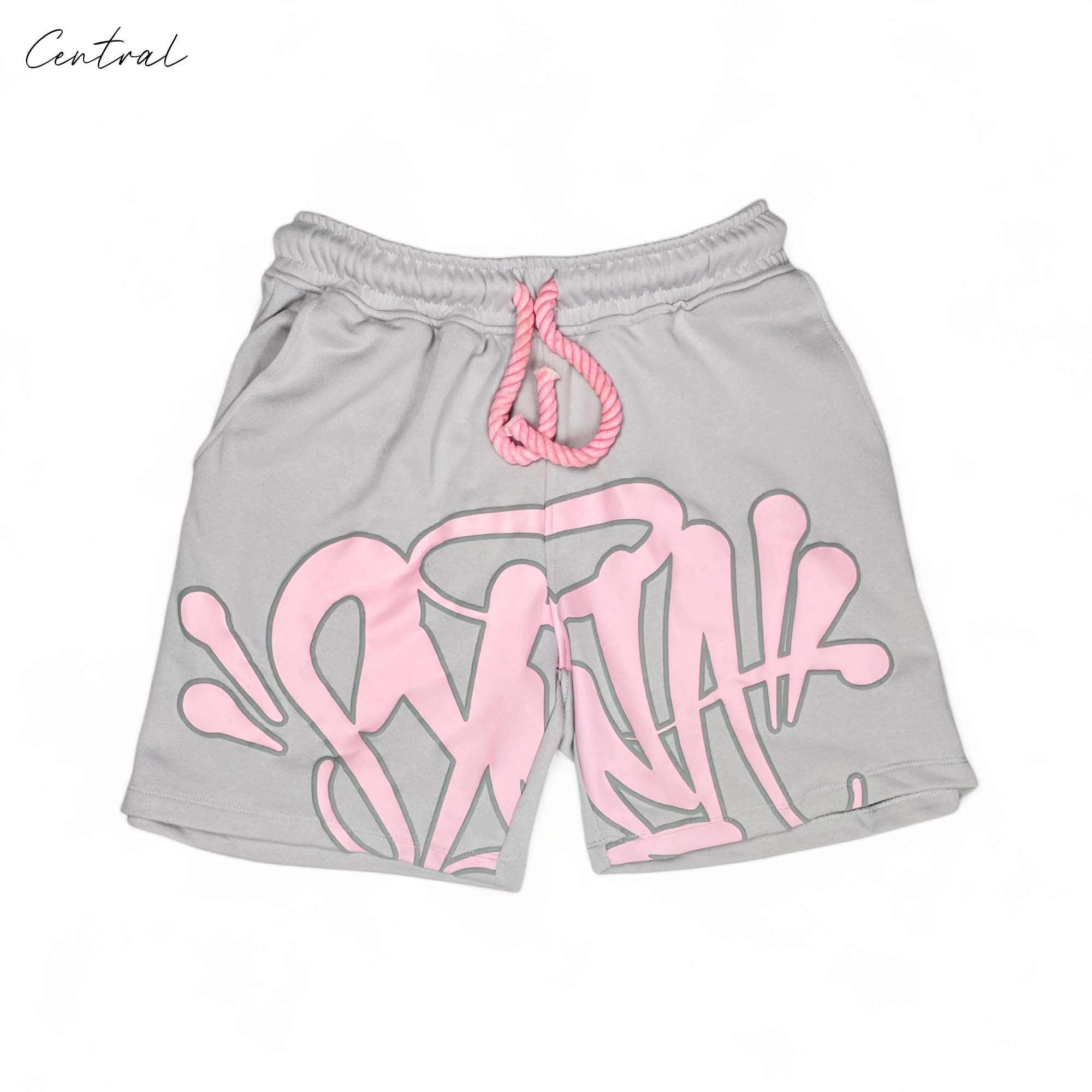 Gray and pink Syna World short set featuring a comfortable t-shirt and shorts, perfect for casual wear.