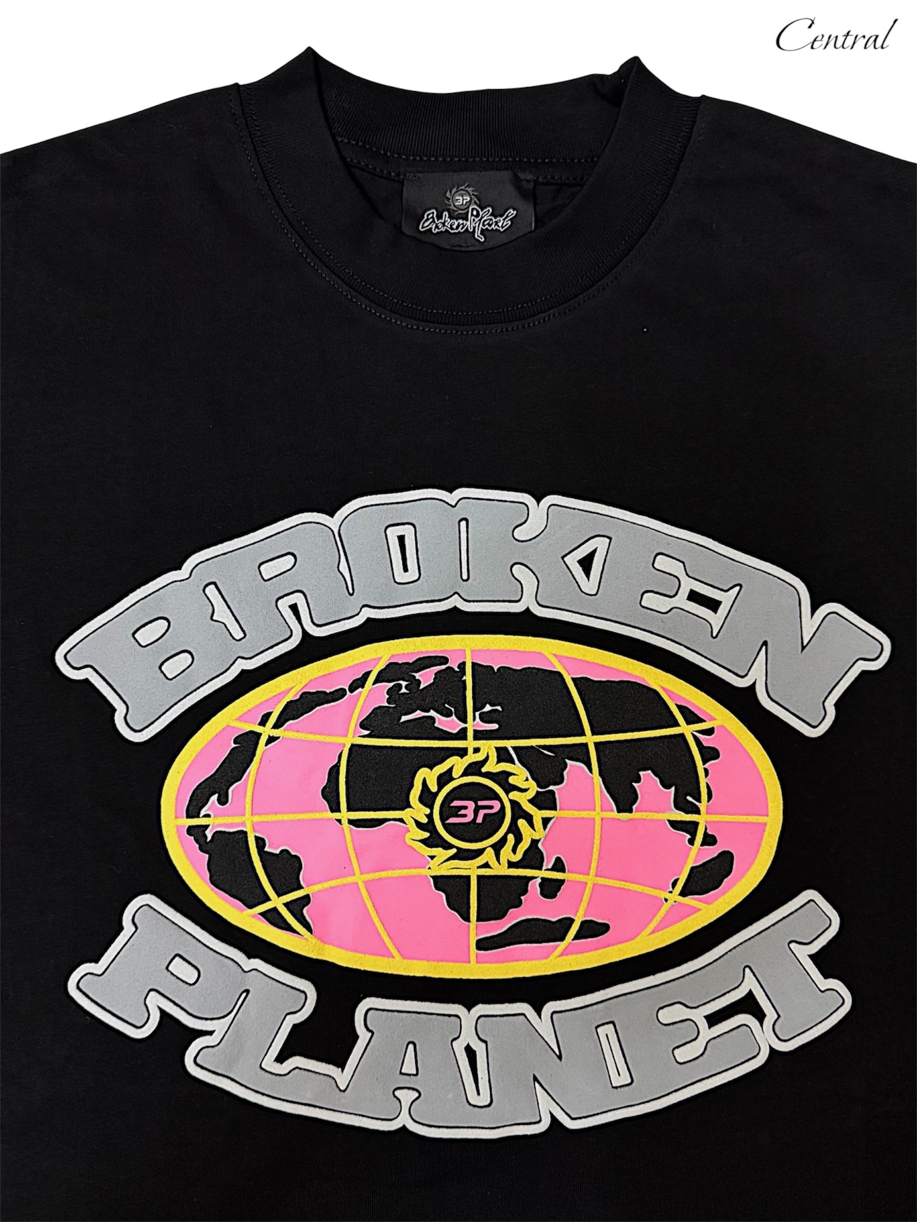 Broken Planet Gird T-Shirt in black featuring graphic design and short sleeves, perfect for casual wear.