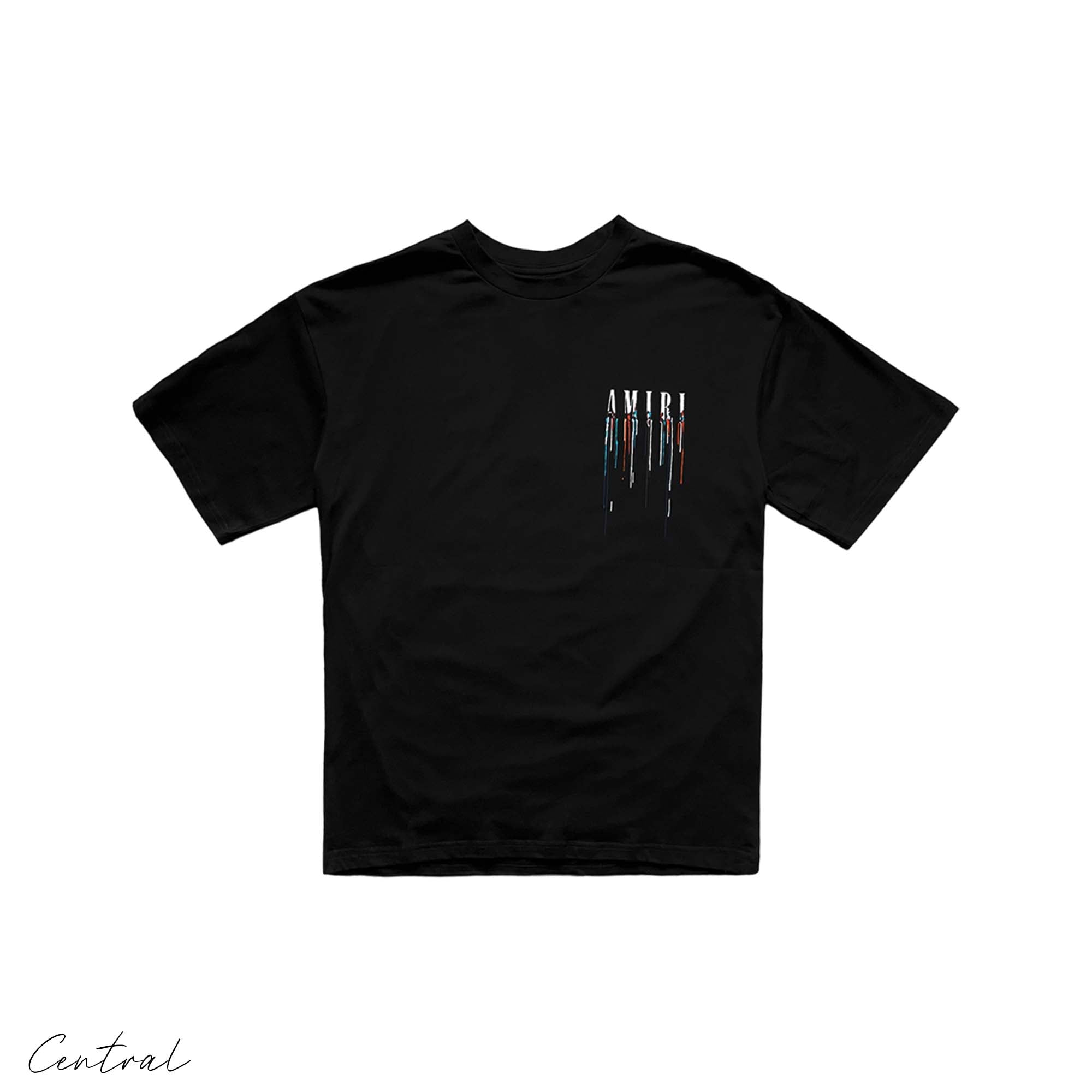 Black Amiri Paint Drip T-Shirt featuring a unique paint drip design on soft fabric, perfect for casual wear.
