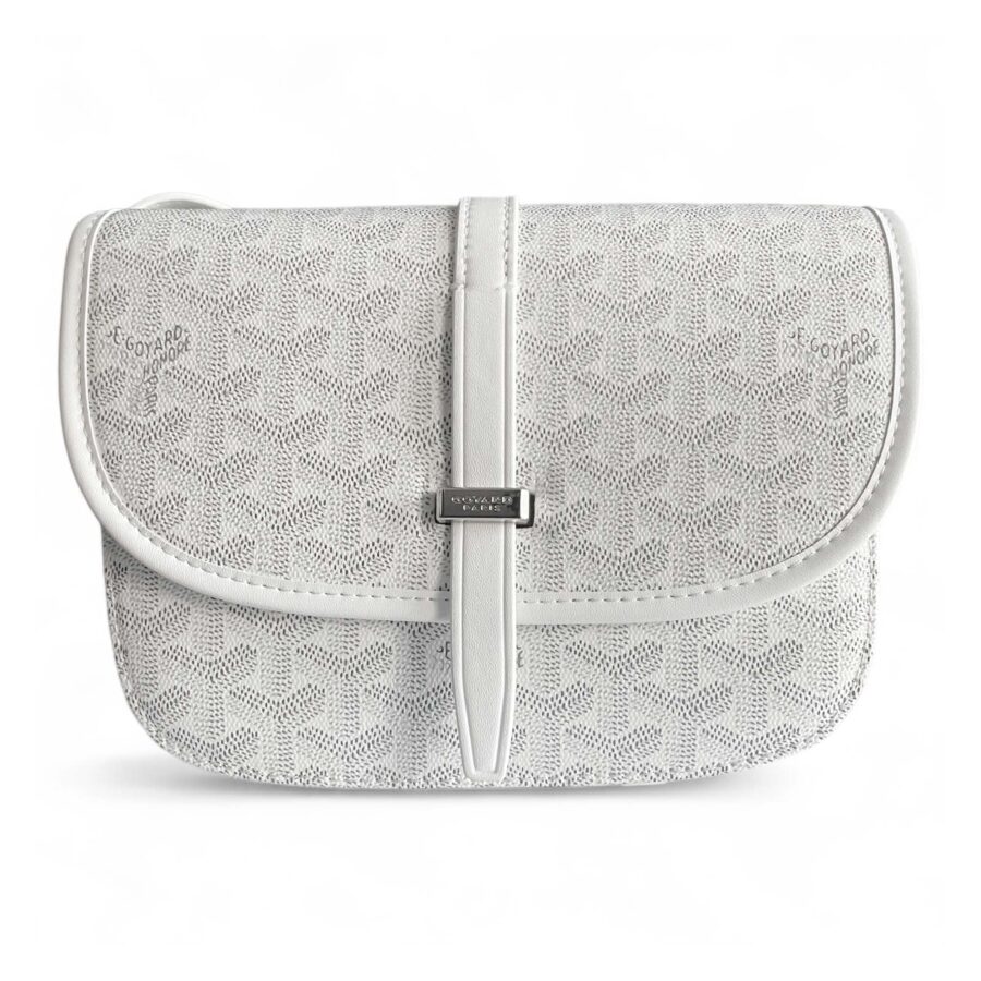 White Goyard bag from Central ae featuring a unique pattern and elegant design, perfect for stylish accessories.