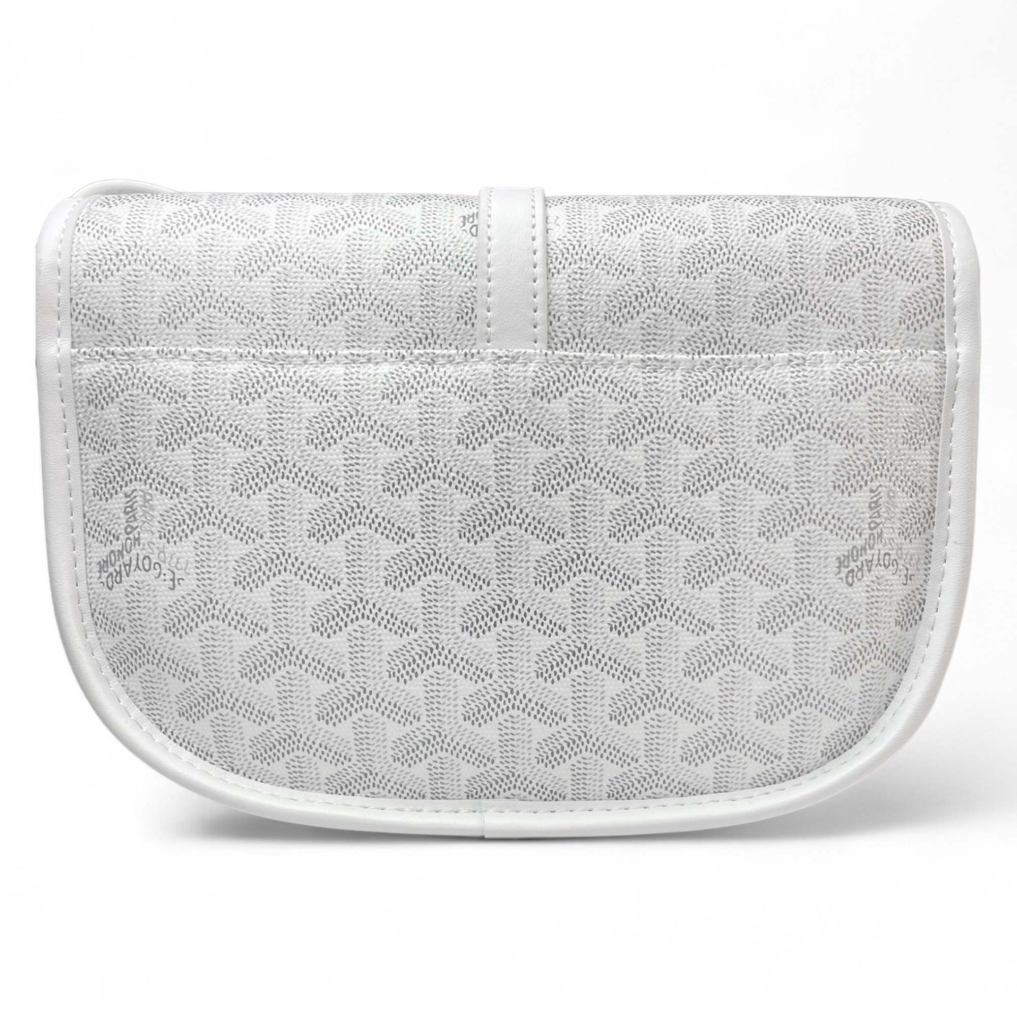 White Goyard bag from Central ae, featuring the iconic logo and stylish design, displayed on a neutral background.