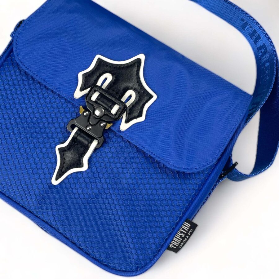 Blue Trapstar Irongate T Crossbody Bag featuring a sleek design and adjustable strap, perfect for everyday use.