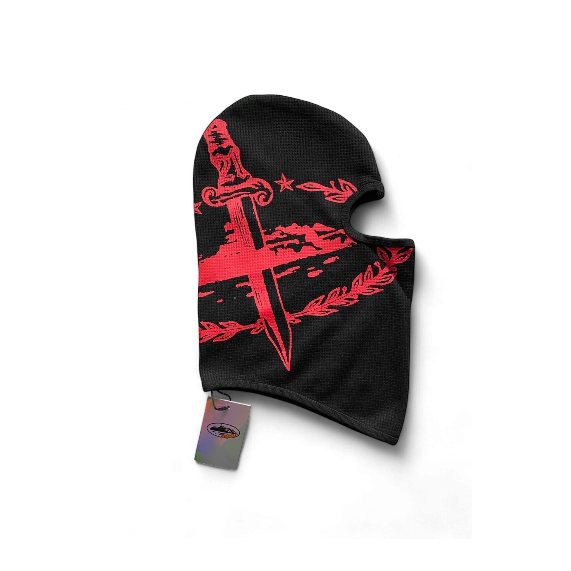 Corteiz x Slaughter Gang 21 Savage balaclava beanie in black, featuring logo and stylish design for cold weather wear.