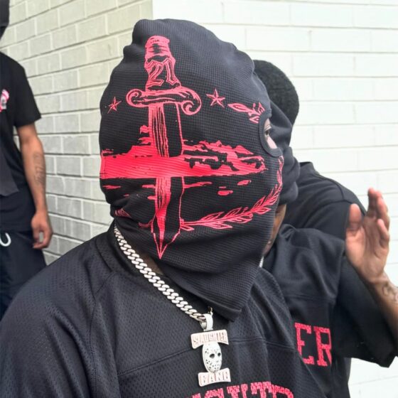 Corteiz x Slaughter Gang 21 Savage balaclava beanie in black, featuring logo detail and a snug fit for warmth.