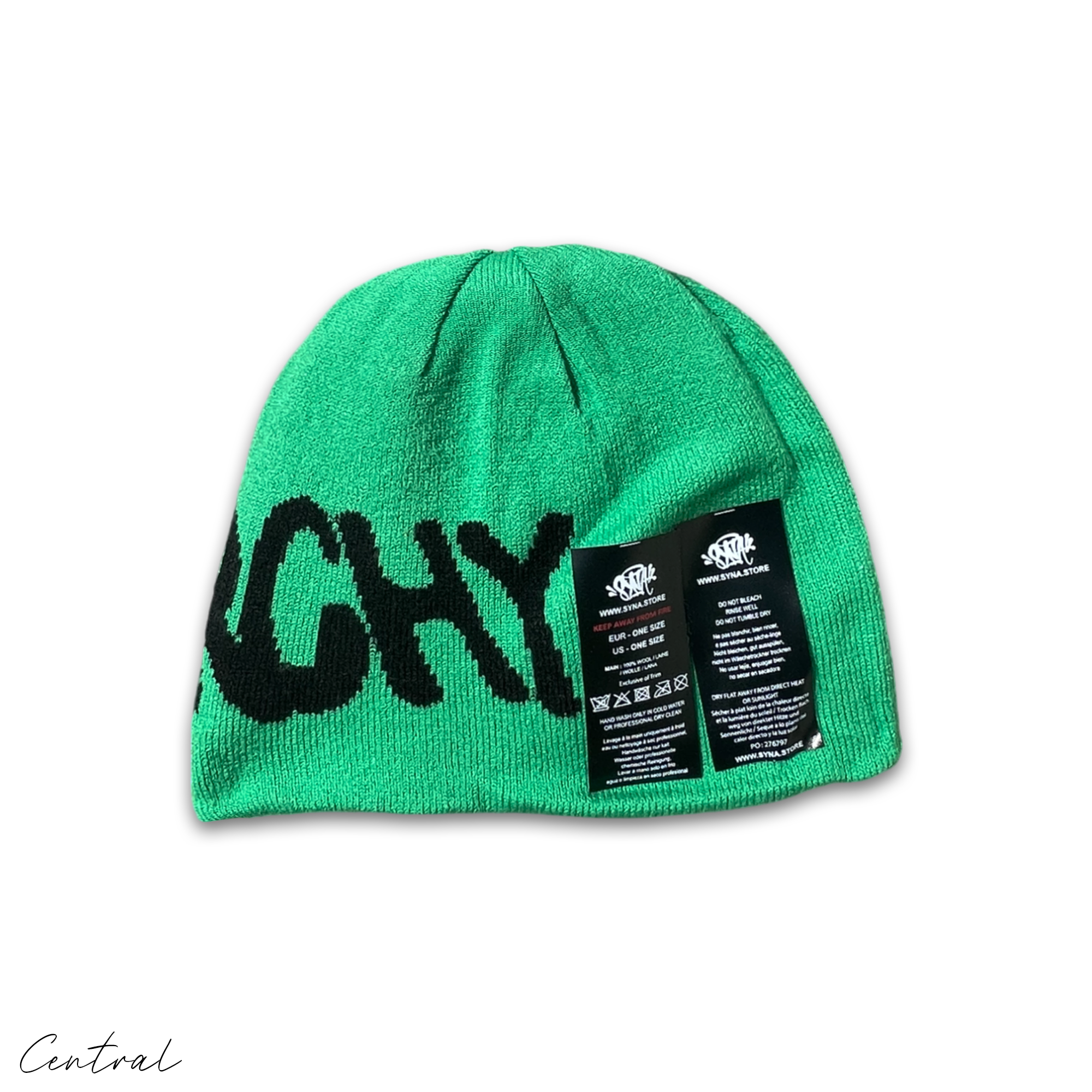 Black and green SYNA 'SYNARCHY' reversible beanie by Central ae, showcasing a stylish dual-color design.