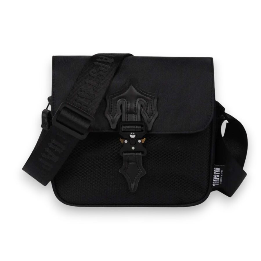 Central ae Trapstar Black Edition Irongate T cross-body bag featuring sleek design and adjustable strap on a neutral background.