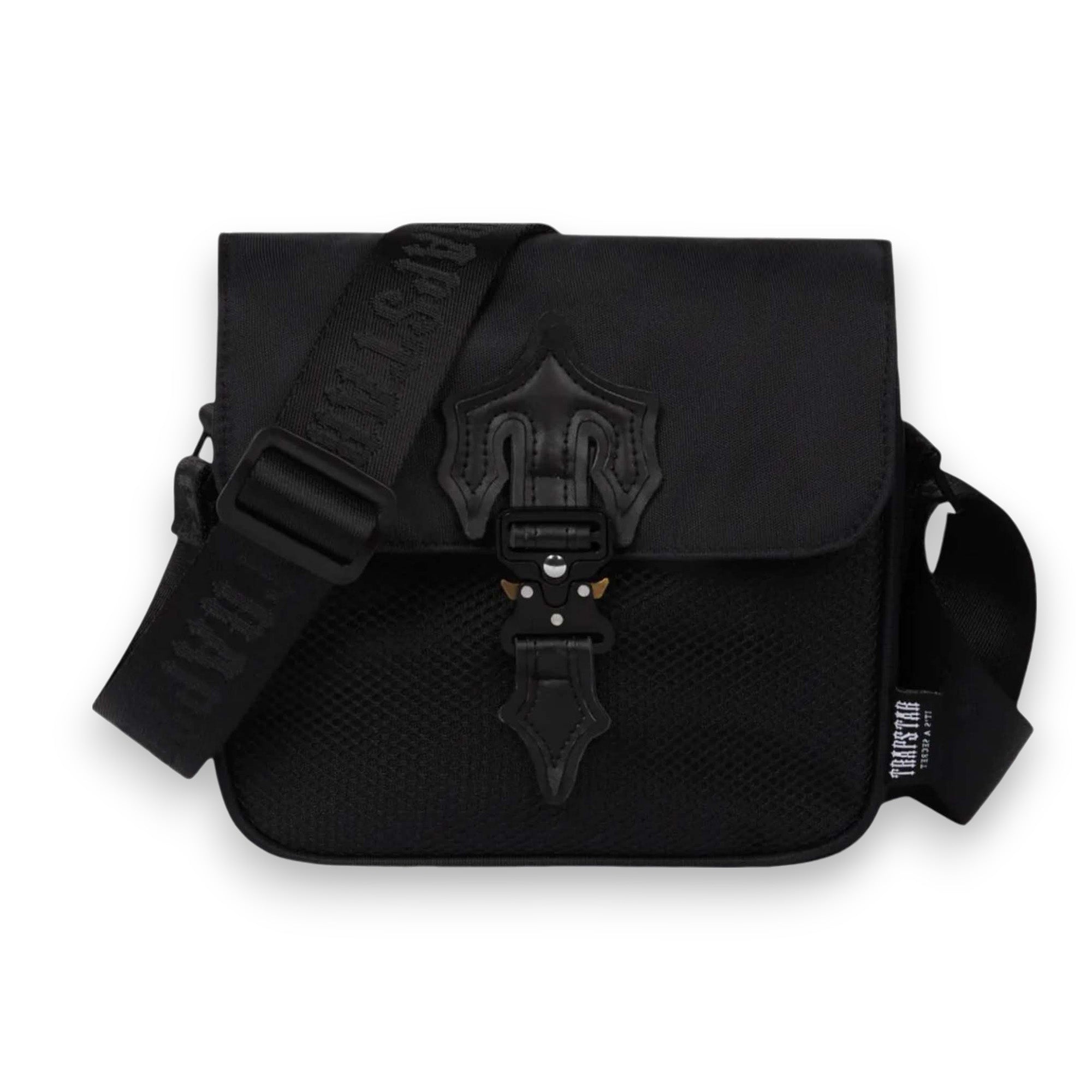 Central ae Trapstar Black Edition Irongate T cross-body bag featuring sleek design and adjustable strap on a neutral background.