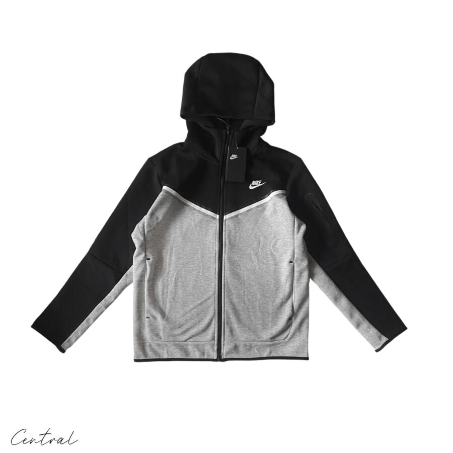 Nike Tech Fleece hoodie and pants set in grey and black, showcasing a modern athletic style and comfortable fit.