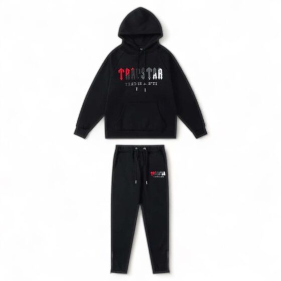 Trapstar black and red chenille decoded tracksuit featuring a hoodie and pants set displayed on a neutral background.