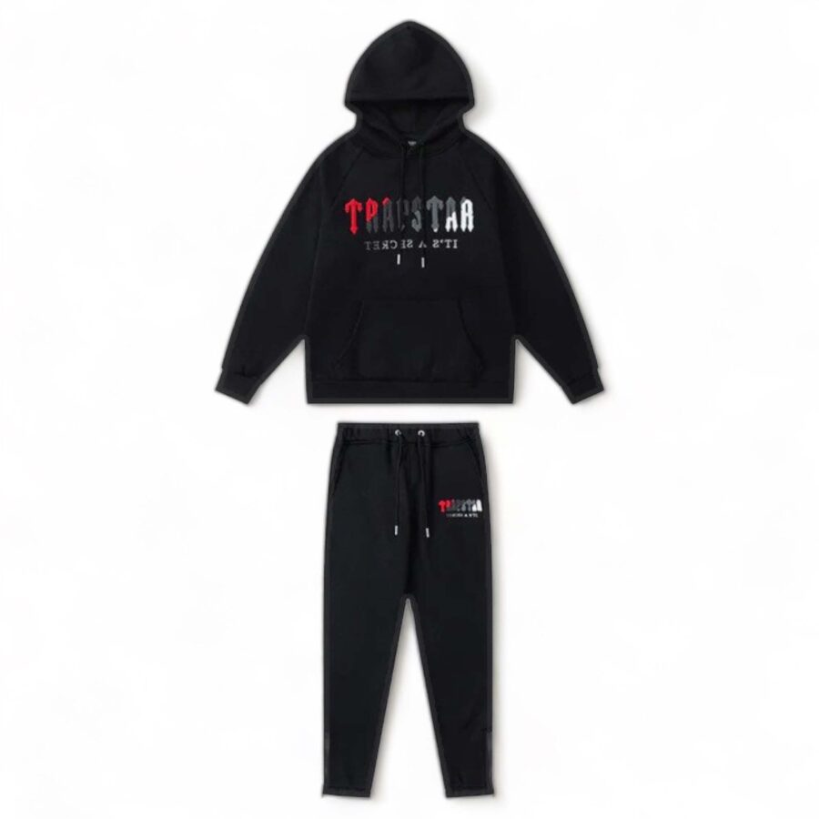 Trapstar black and red chenille decoded tracksuit featuring a hoodie and pants set displayed on a neutral background.