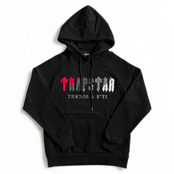Black and red Trapstar chenille decoded tracksuit featuring a hoodie and pants set, showcasing a stylish streetwear look.