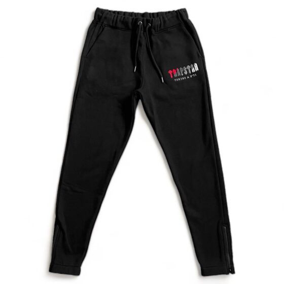 Trapstar black and red chenille tracksuit featuring a hoodie and pants set, showcasing soft fabric and stylish design.