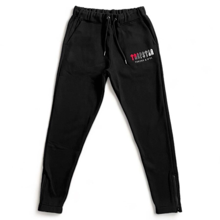 Trapstar black and red chenille tracksuit featuring a hoodie and pants set, showcasing soft fabric and stylish design.