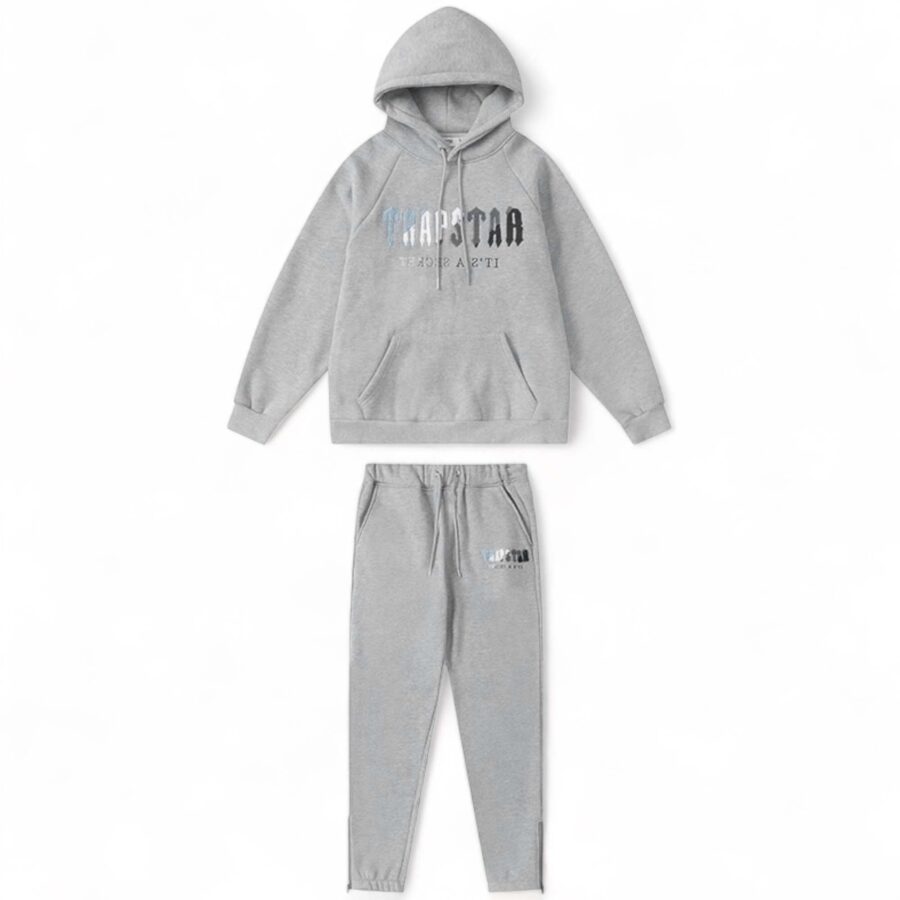 Trapstar grey ice flavours chenille tracksuit set featuring a hoodie and pants, displayed on a neutral background.