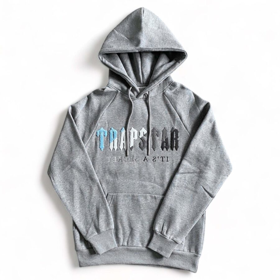 Trapstar Chenille Decoded tracksuit set in Grey Ice, featuring a stylish hoodie and matching pants.
