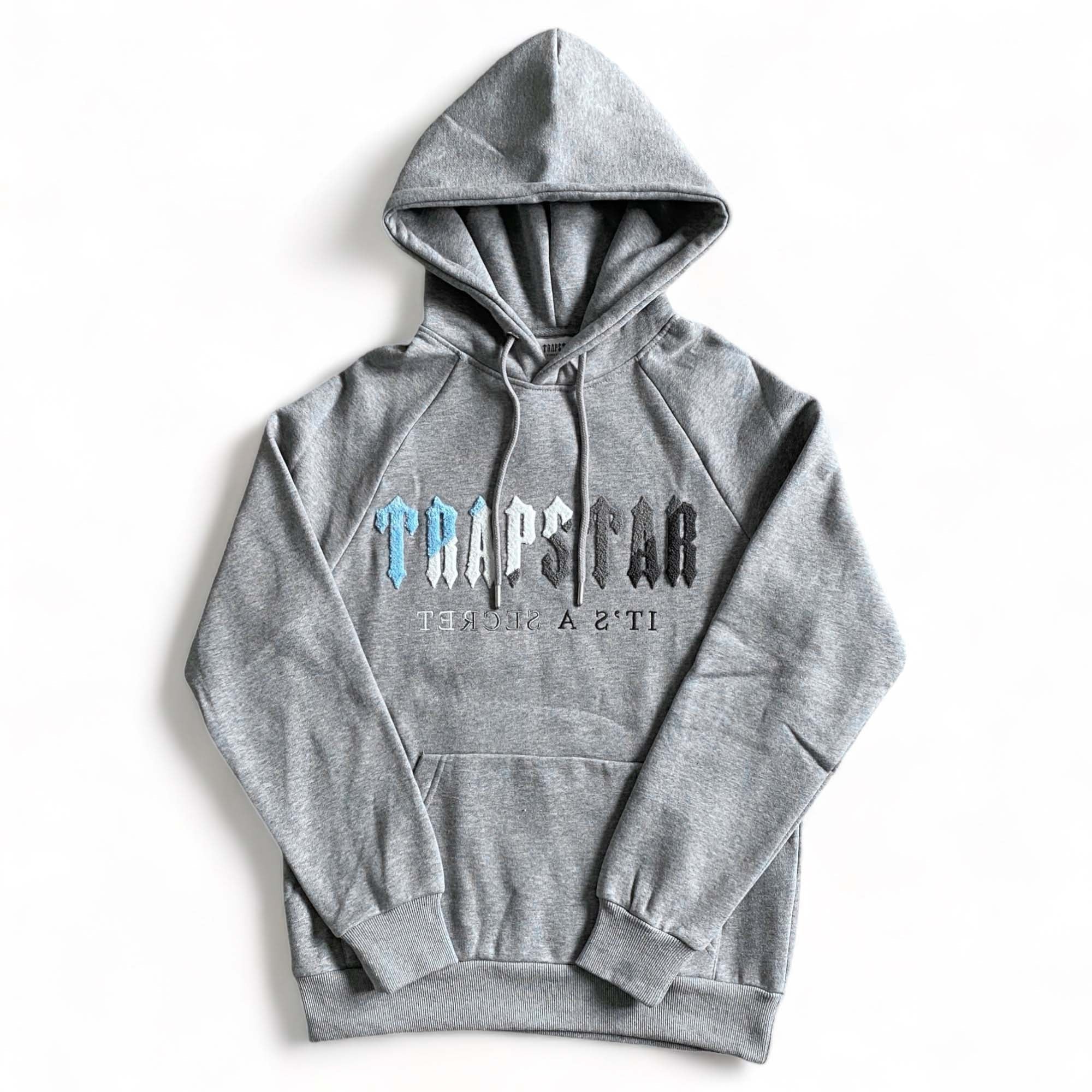 Trapstar Chenille Decoded tracksuit set in Grey Ice, featuring a stylish hoodie and matching pants.