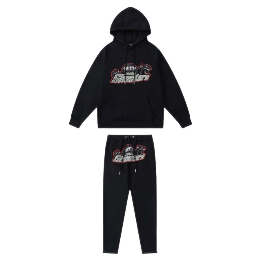 Trapstar Shooters black and red tracksuit featuring a stylish hoodie and matching pants set.