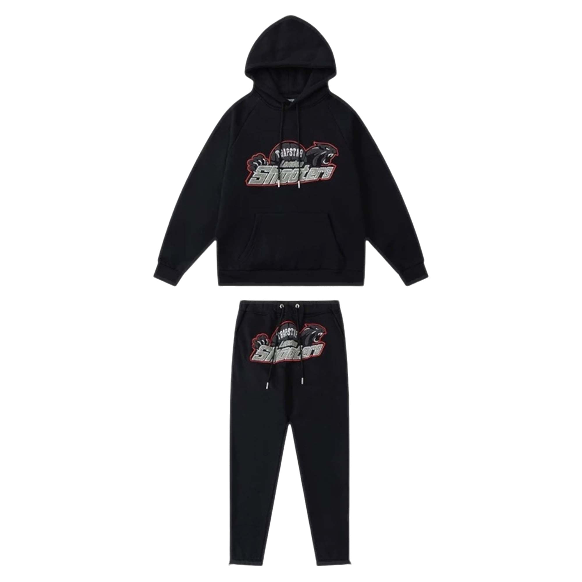 Trapstar Shooters black and red tracksuit featuring a stylish hoodie and matching pants set.