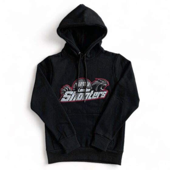 Trapstar black and red shooters tracksuit featuring a hoodie and pants set, displayed on a neutral background.