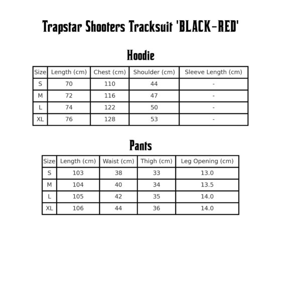 Trapstar Shooters black and red tracksuit featuring a hoodie and pants set displayed on a size chart.
