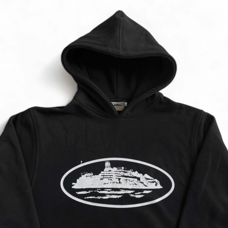Black Corteiz Alcatraz hoodie featuring a minimalist design and a cozy fit, perfect for casual wear.