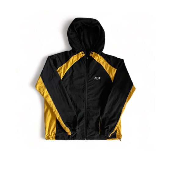 Corteiz black-yellow Spring Hoodie by Central ae, featuring a zip front and adjustable hood in a casual setting.