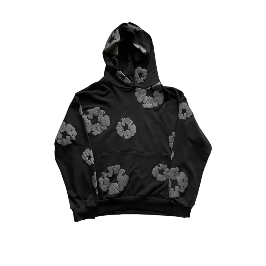 Black monochrome hoodie featuring a cotton wreath design by Central ae.