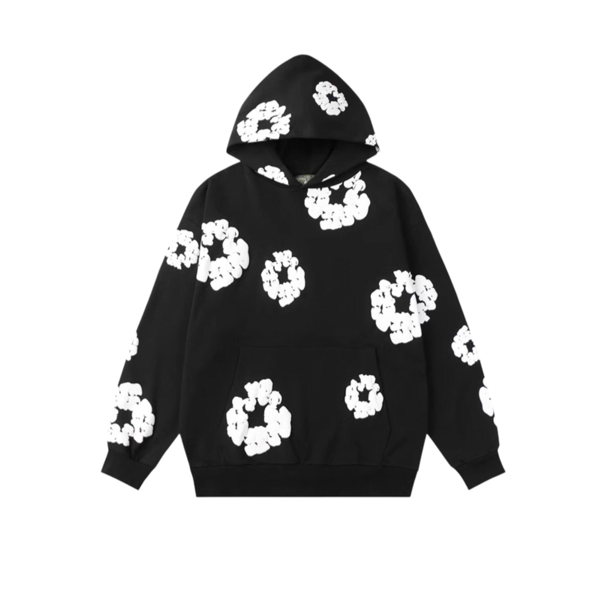 Black hoodie featuring a cotton wreath design from the brand Central AE.