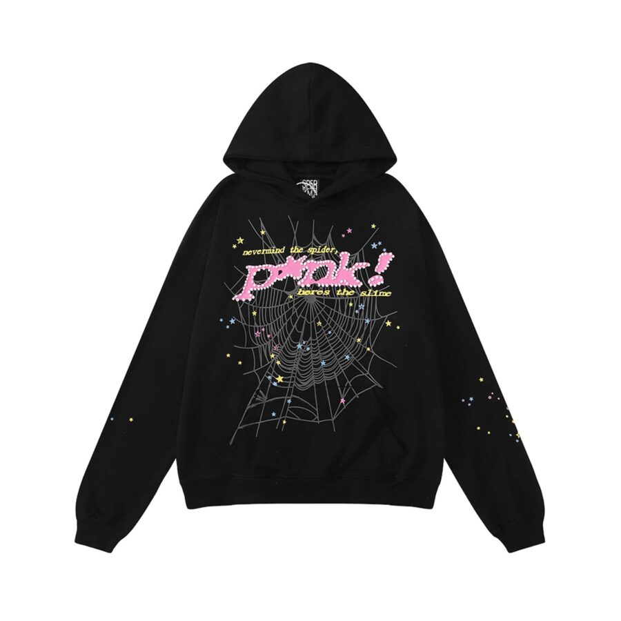Central ae Sp5der black hoodie featuring a pink logo on the front, displayed on a neutral background.