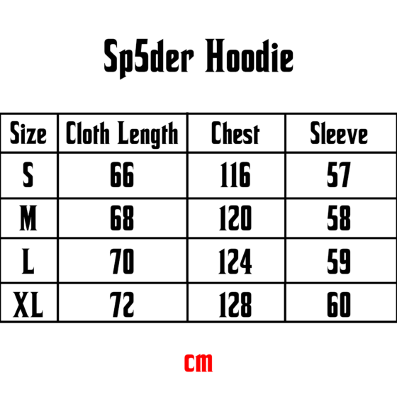Sp5der Web Hoodie by Central ae displayed in size chart format with hoodie dimensions and sizing guide details.