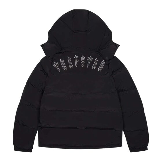 Trapstar Irongate black puffer jacket with detachable hood, showcasing stylish design and cozy insulation.
