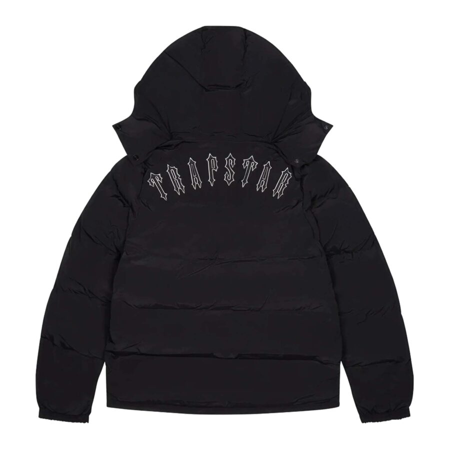 Trapstar Irongate black puffer jacket with detachable hood, showcasing stylish design and cozy insulation.