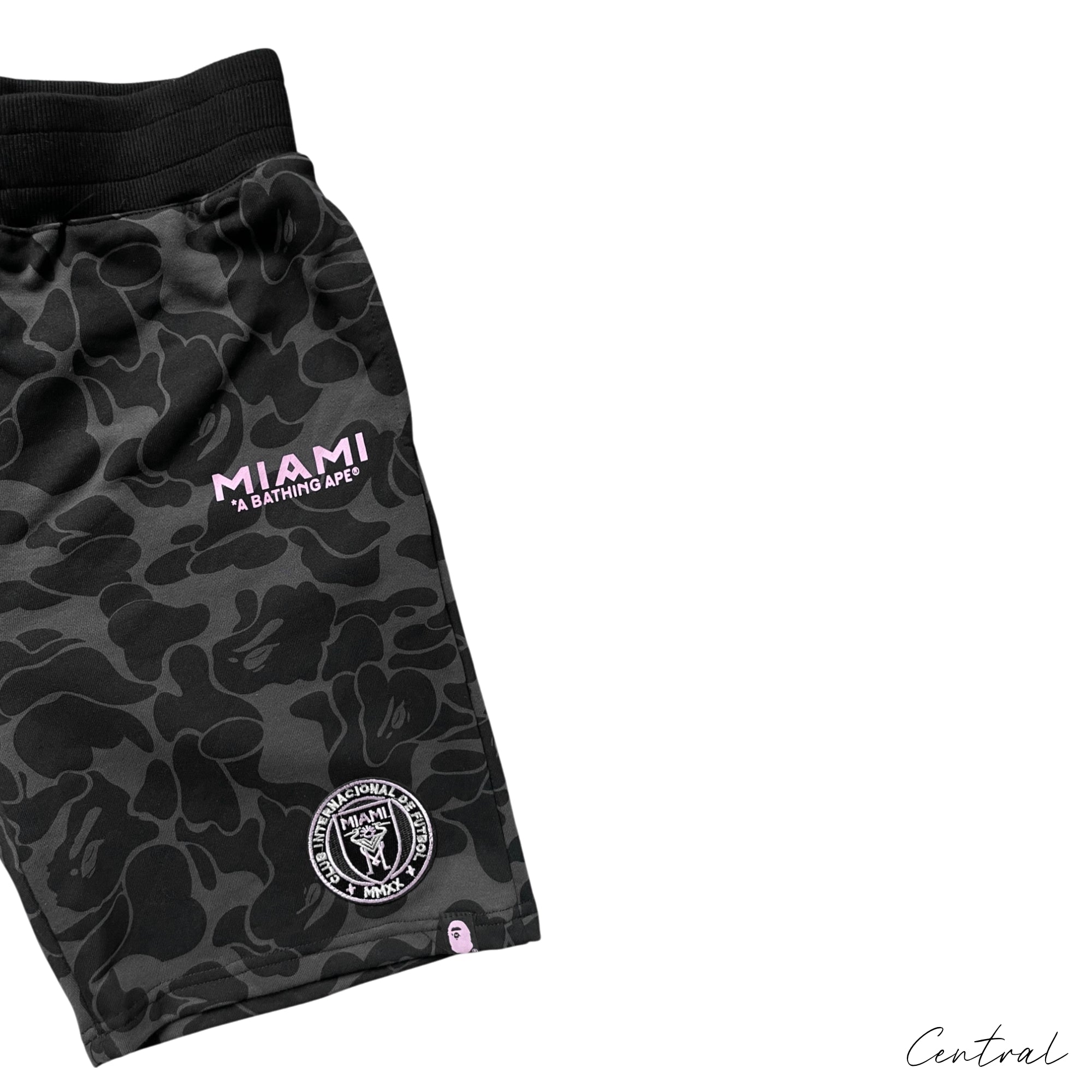 BAPE x Inter Miami camo shorts by Central ae featuring a stylish camouflage pattern and comfortable fit.