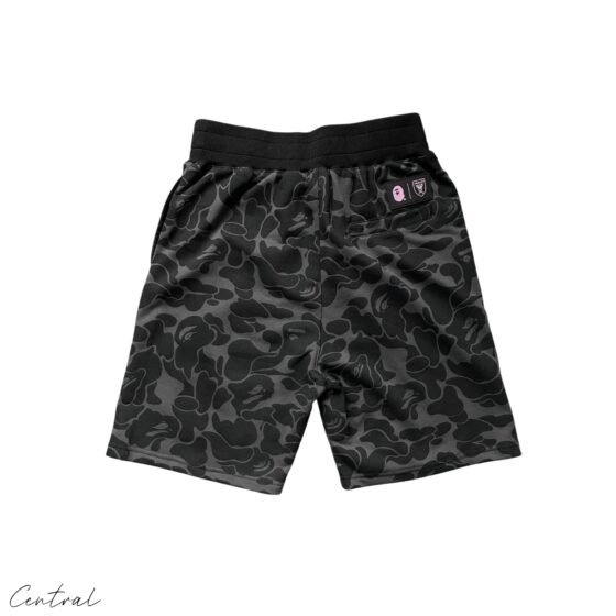 BAPE x Inter Miami camo shorts featuring a unique camouflage pattern and relaxed fit by Central ae.