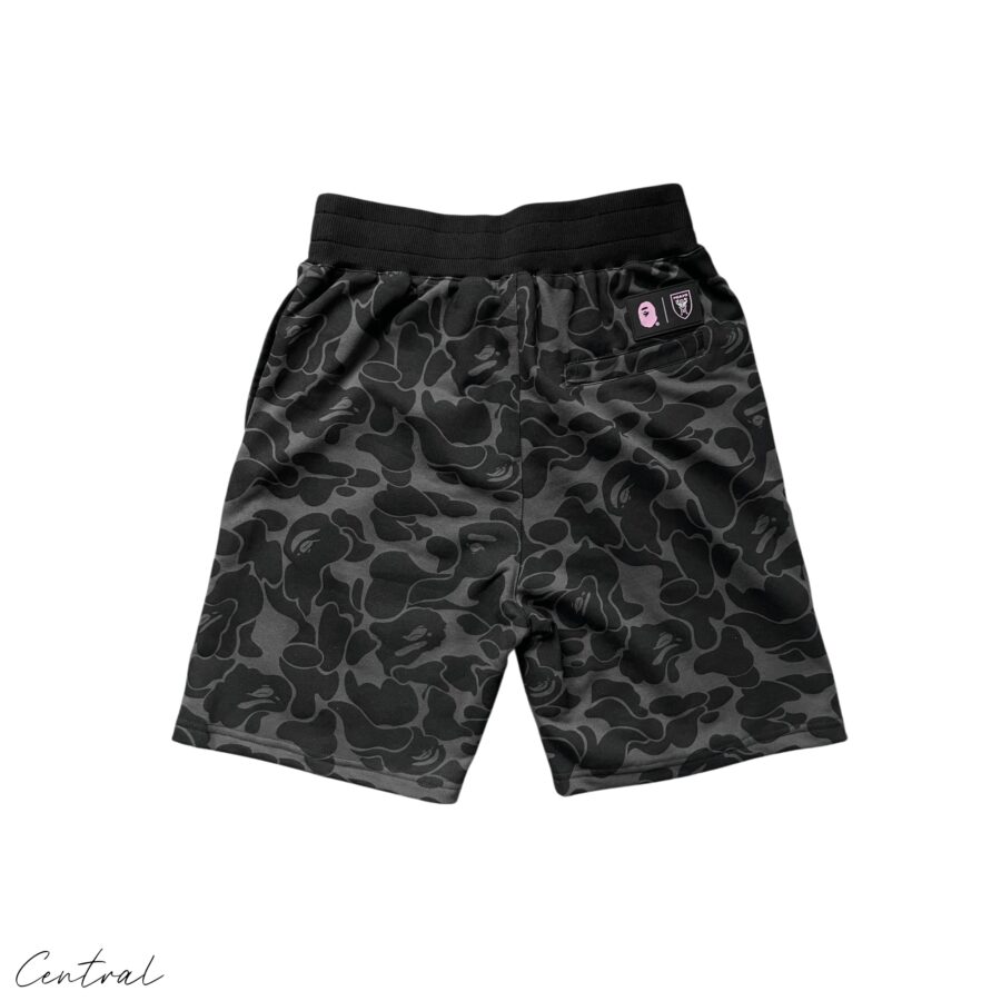 BAPE x Inter Miami camo shorts featuring a unique camouflage pattern and relaxed fit by Central ae.
