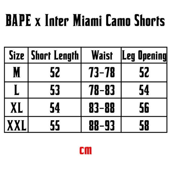 BAPE x Inter Miami pink camo shorts displayed flat, featuring a vibrant camouflage pattern and relaxed fit.