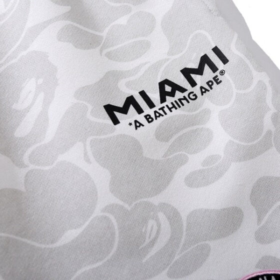 BAPE x Inter Miami white camo shorts featuring a stylish design and comfortable fit, displayed on a neutral background.