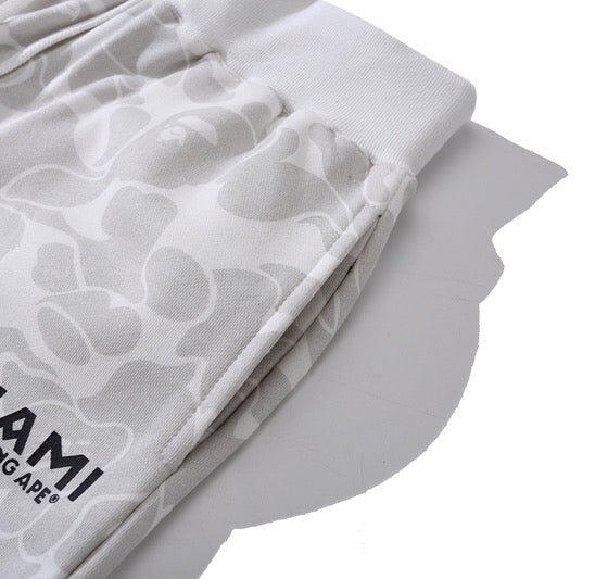 BAPE x Inter Miami camo shorts in white, featuring a stylish design and comfortable fit, photographed from the front.