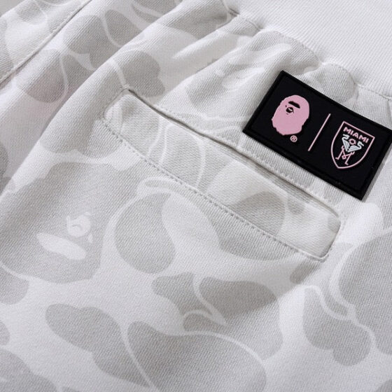 BAPE x Inter Miami camo shorts in white, featuring a unique camouflage pattern and comfortable fit.