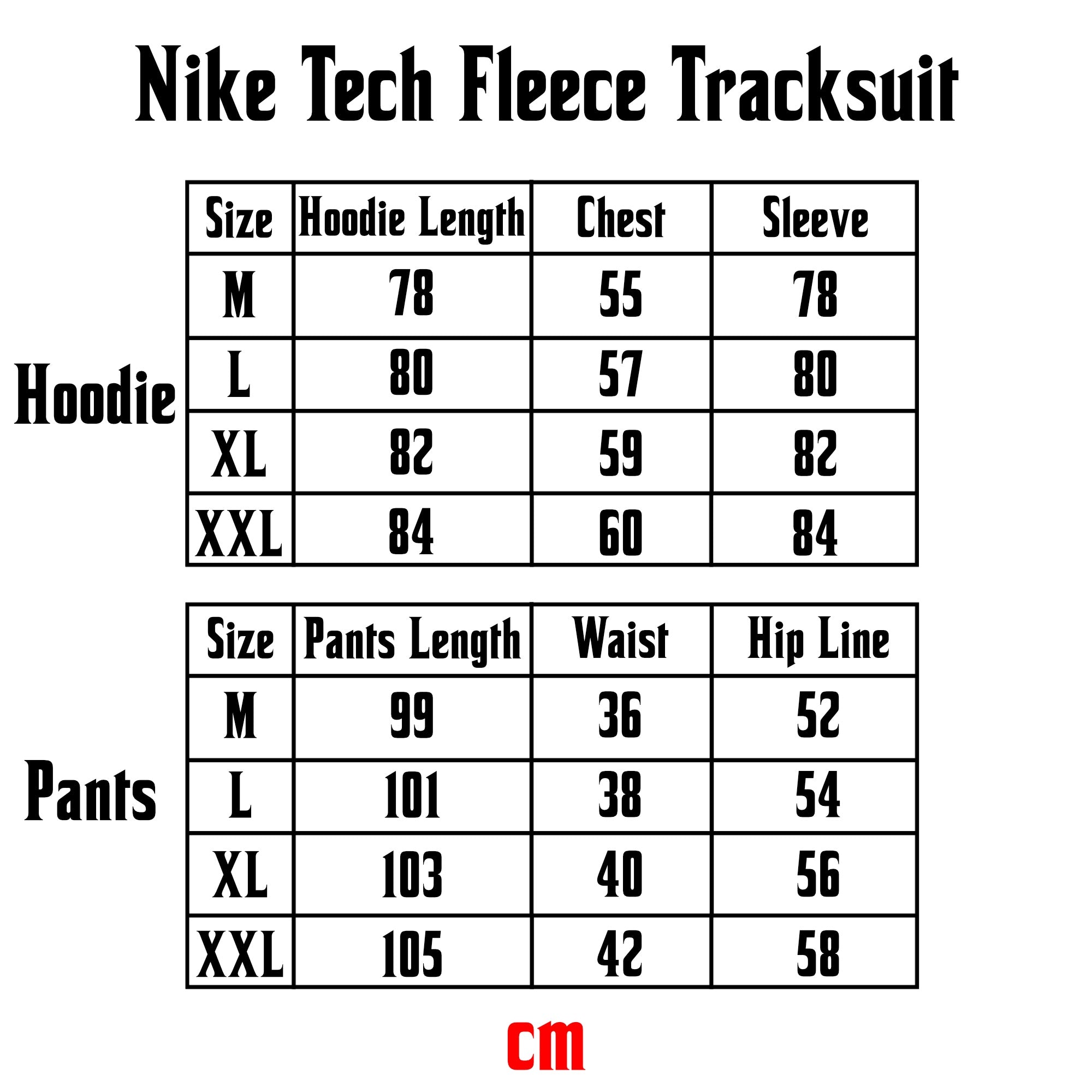Baby blue Nike Tech Fleece tracksuit displayed on a size chart for accurate fitting and style reference.