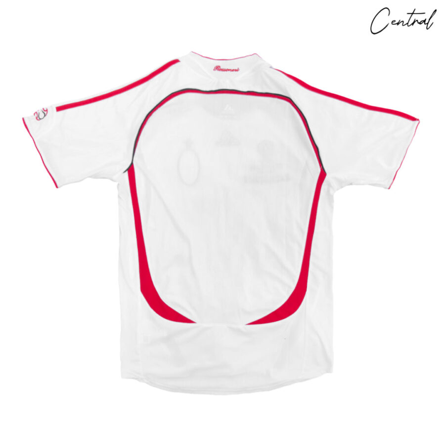 AC Milan 2006/07 UCL Final away retro jersey featuring Bwin logo and distinctive red and black stripes.