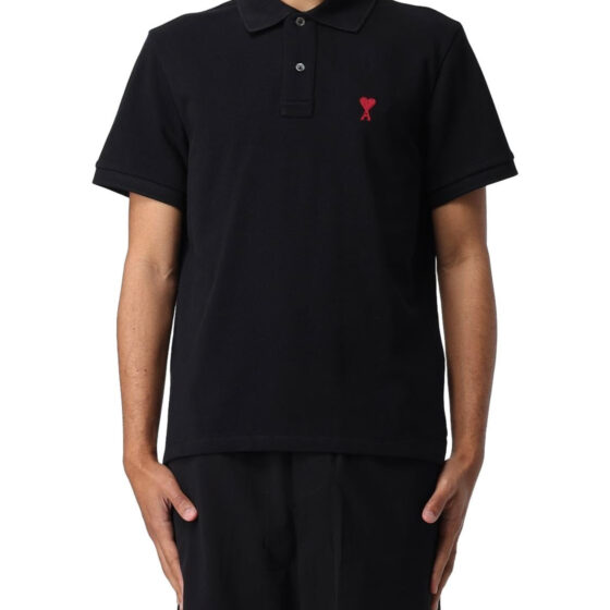 Ami Paris ADC embroidered polo shirt in navy blue, featuring a classic collar and detailed embroidery on the chest.