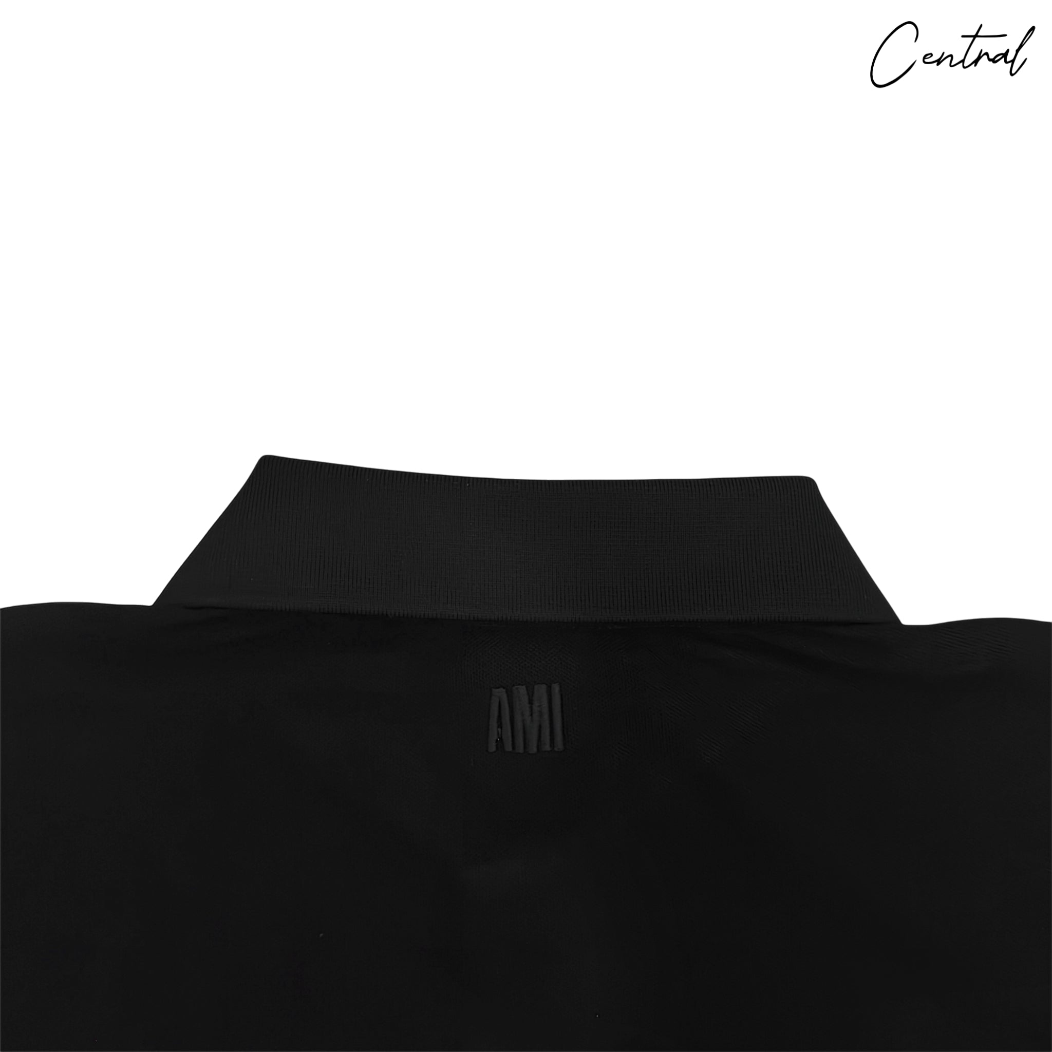 Ami Paris ADC embroidered polo shirt in navy blue with logo detail, featuring a classic collar and short sleeves.