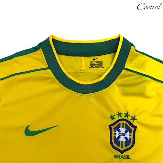 Brazil 1998 Home Retro Jersey by Central Ae featuring vibrant yellow and green colors with classic team details.
