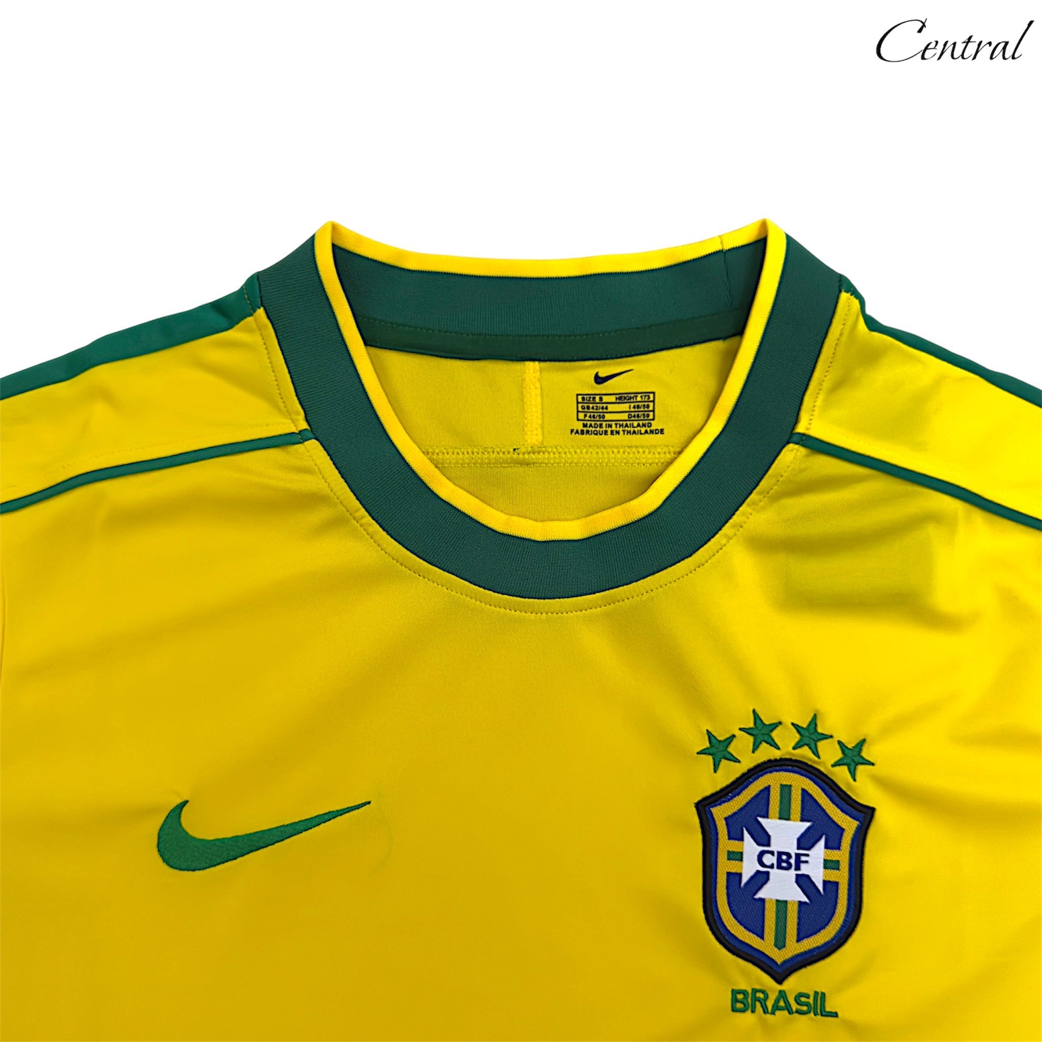 Brazil 1998 Home Retro Jersey by Central Ae featuring vibrant yellow and green colors with classic team details.