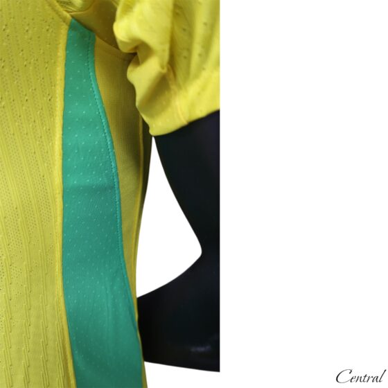 Brazil 25/26 player version jersey by Central.ae featuring vibrant yellow and green colors, with team logo prominently displayed.