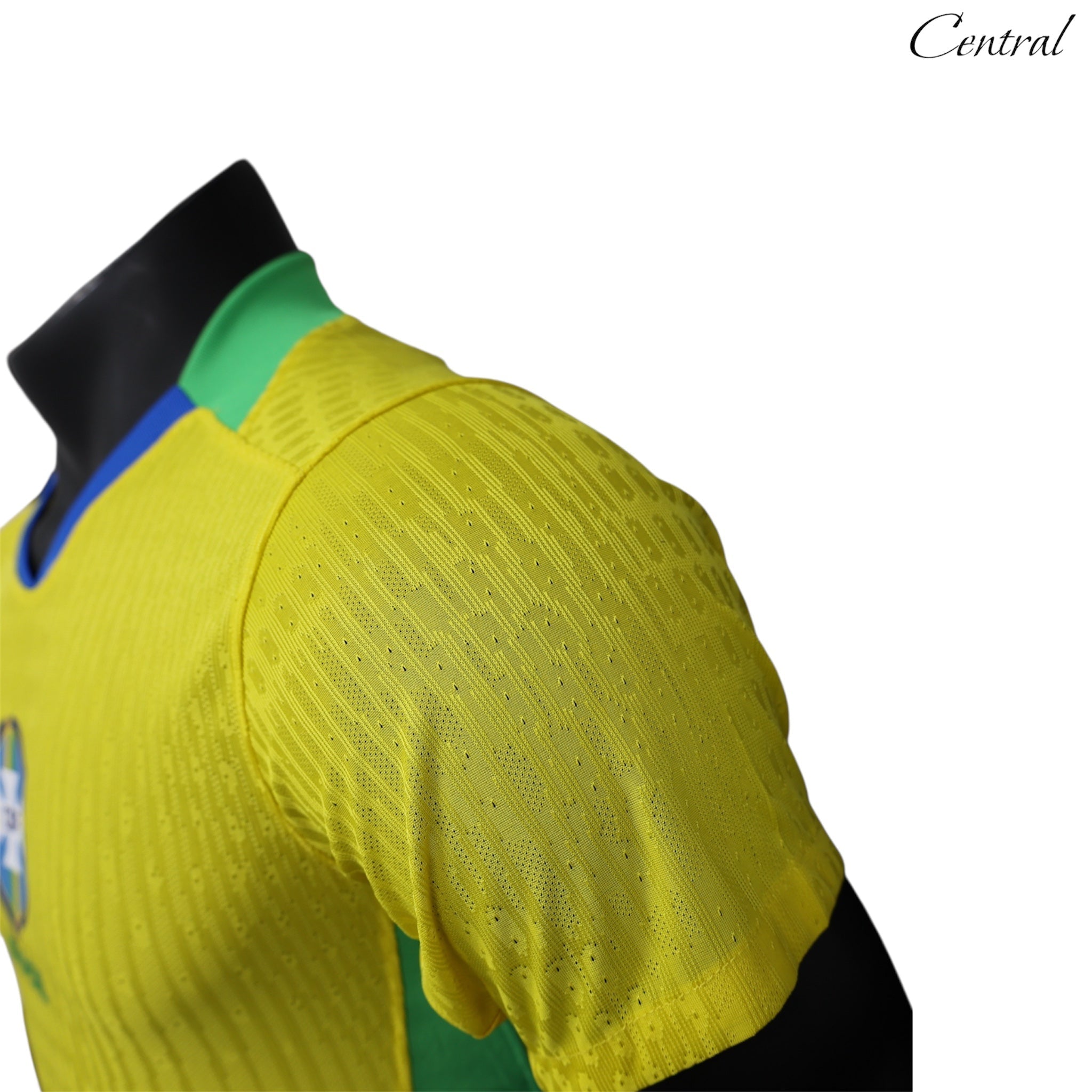 Brazil 25/26 player version jersey by Central.ae, featuring vibrant colors and team logo on a detailed fabric background.