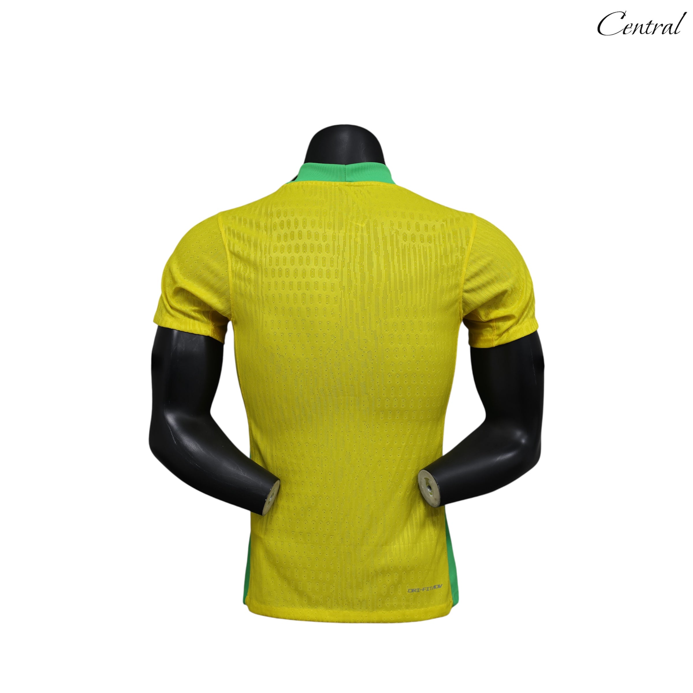 Brazil 25/26 player version jersey by Central.ae in vibrant yellow with green accents, showcasing team logo and design details.
