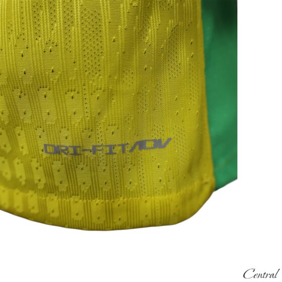 Brazil 25/26 player version jersey by Central.ae, featuring vibrant colors and team logo on a textured fabric background.