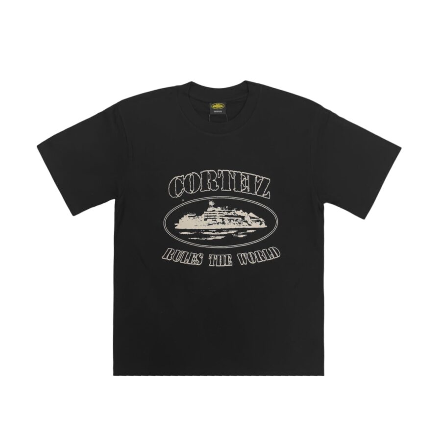 Corteiz OG Alcatraz T-shirt in black featuring a bold graphic design, relaxed fit, and Central Ae branding.